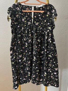 Mustard Seed Black Floral V-Neck Ruffle Sleeve Mini Dress